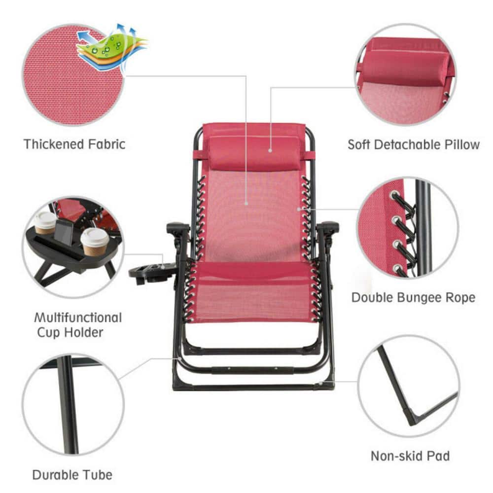 Dark Red Steel Frame Oversize Outdoor Lounge Chair with Cup Holder