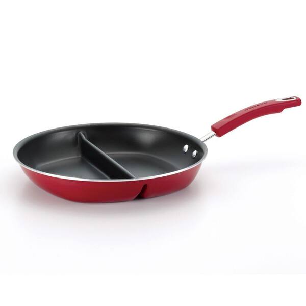 Rachael Ray 12-1/2 in. Nonstick Porcelain Enamel Divided Skillet in Red-DISCONTINUED