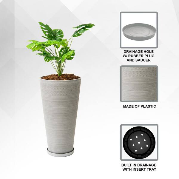 Modern 28 in. Gray Round Planter, Tapered Plastic Design for Indoor & Outdoor Use, Ideal for Patio or Home Decor
