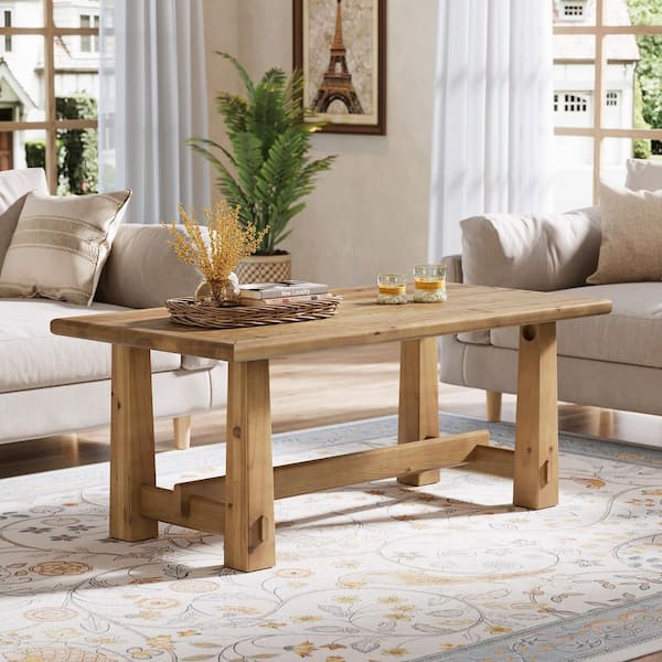 Kerlin 47 in. Brown Rectangle Solid Wood Coffee Table, Farmhouse Accent Center Low Cocktail Tea Table with Sturdy Base