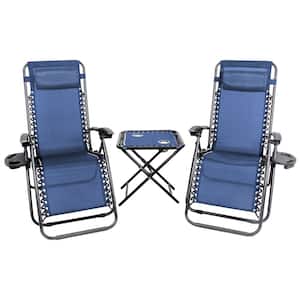Blue 3-Piece Metal Patio Premier Outdoor Recliner Zero Gravity Chair Set 2-Chairs with Cupholders, 1-Table