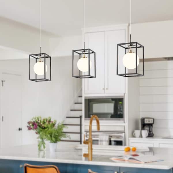 Classic 1-Light Integrated LED Black Pendant Light, Frosted Glass Globe Pendant Hanging Light, Brass Linear Chandelier