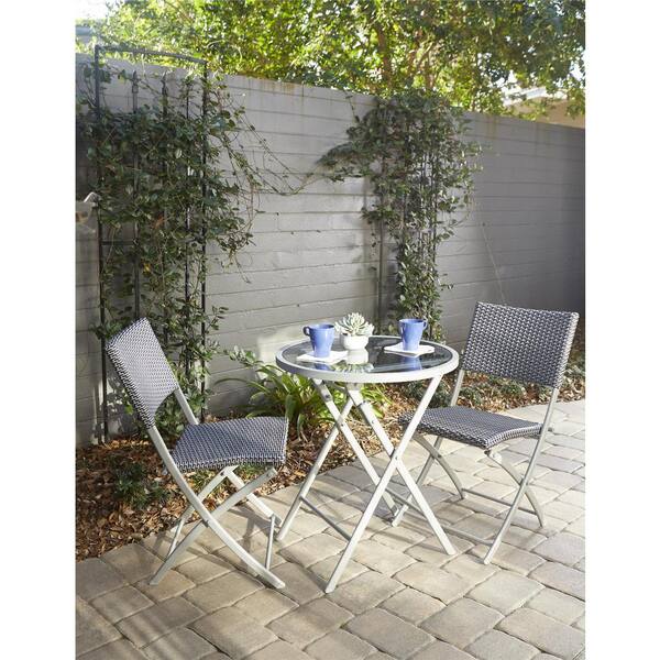 Cosco Delray Transitional 3-Piece Steel Blue & Gray Woven Wicker Dining Height Folding Patio Bistro Set