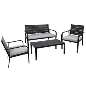 4-Piece Black Metal Patio Conversation Set, Wood Grain Design All Weather with Gray Cushions for Backyard Balcony Lawn