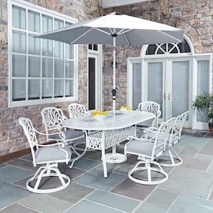 Capri White 9-Piece Cast Aluminum Oval Outdoor Dining Set with Umbrella with Gray Cushions