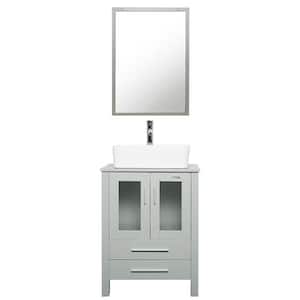 24 in. W x 20 in. D x 32 in. H Single Sink Bath Vanity in Gray with Ceramic Vessel Sink Top Chrome Faucet and Mirror