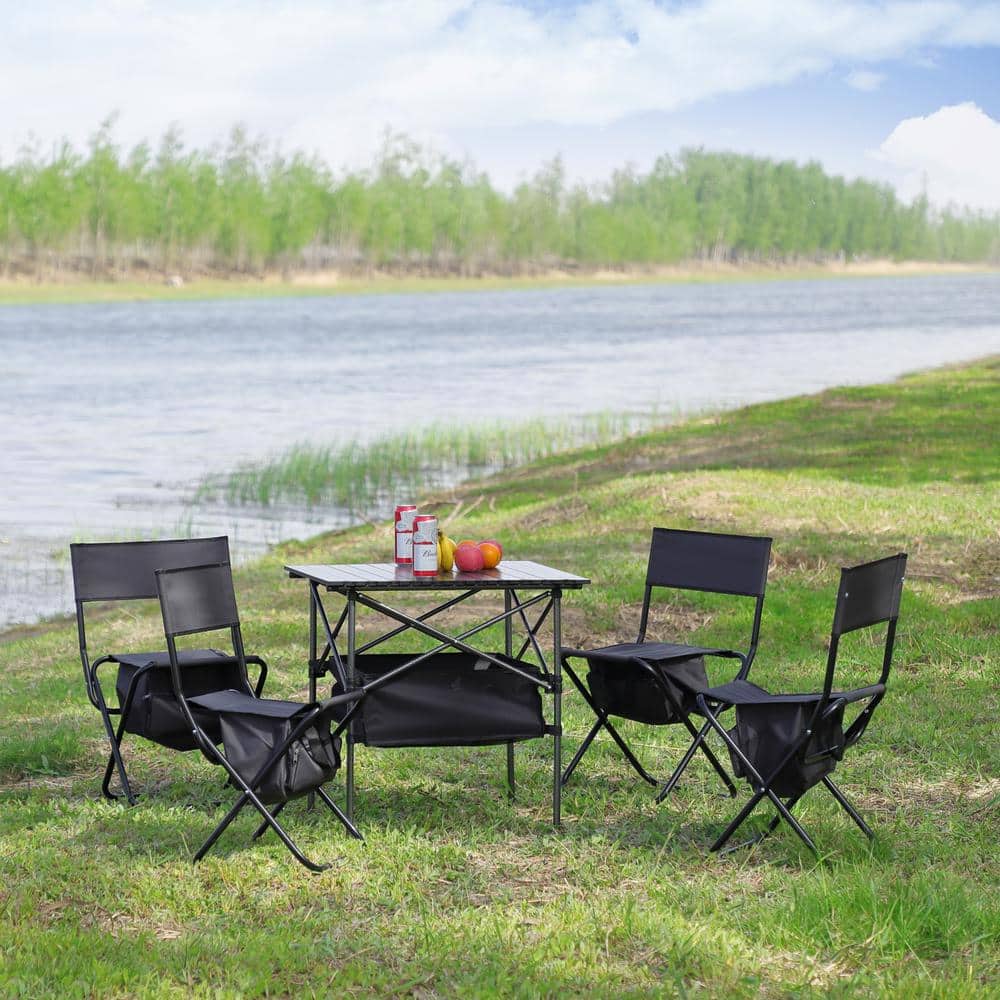 5-Piece Outdoor Steel and Black Oxford Cloth Folding Camping Chairs with Fo
