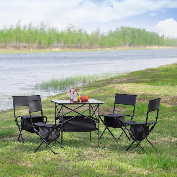 Unbranded 5-Piece Outdoor Steel and Black Oxford Cloth Folding Camping Chairs with Folding Square Table