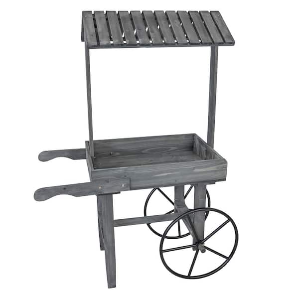 Sunnydaze Rustic 15 in. L x 22.25 in W x 4 in H Vintage Gray Wood Flower Cart Raised Bed Pots & Planters Display Stand with Wheels