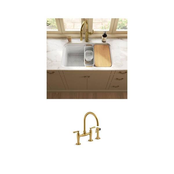 Edalyn Brass Bridge Kitchen Faucet with Sprayer and Audrine 30 in. Fireclay Workstation Sink Combo