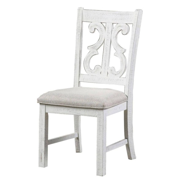 Benjara White and Gray Fabric Carved Back Dining Chair (Set of 2)