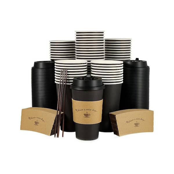Black Disposable Paper Coffee Cups with Lids Sleeves Stirring Sticks 16 oz.. 100 Per Case Hot Cold Drinks Plastic