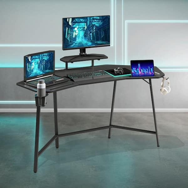 Techni Sport 63 in U-Shaped Black Carbon Fiber Like Desk with Shelf and Tablet Holders