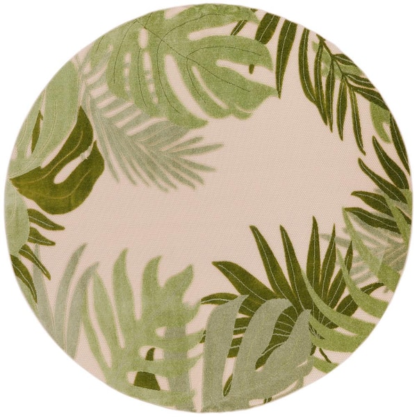 Nourison Aloha Ivory Green 8 ft. x 8 ft. Botanical Contemporary Round Area Rug