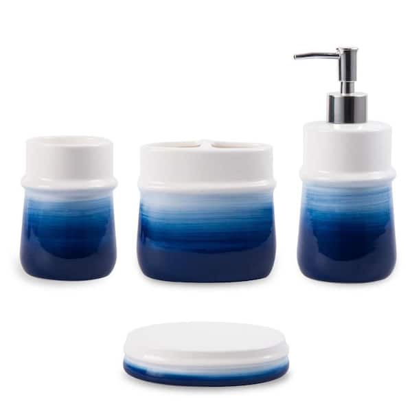 Dracelo 4-Piece Bathroom Accessory Set with Toothbrush Cup, Soap Dispenser, Soap Dish, Tumbler in Blue