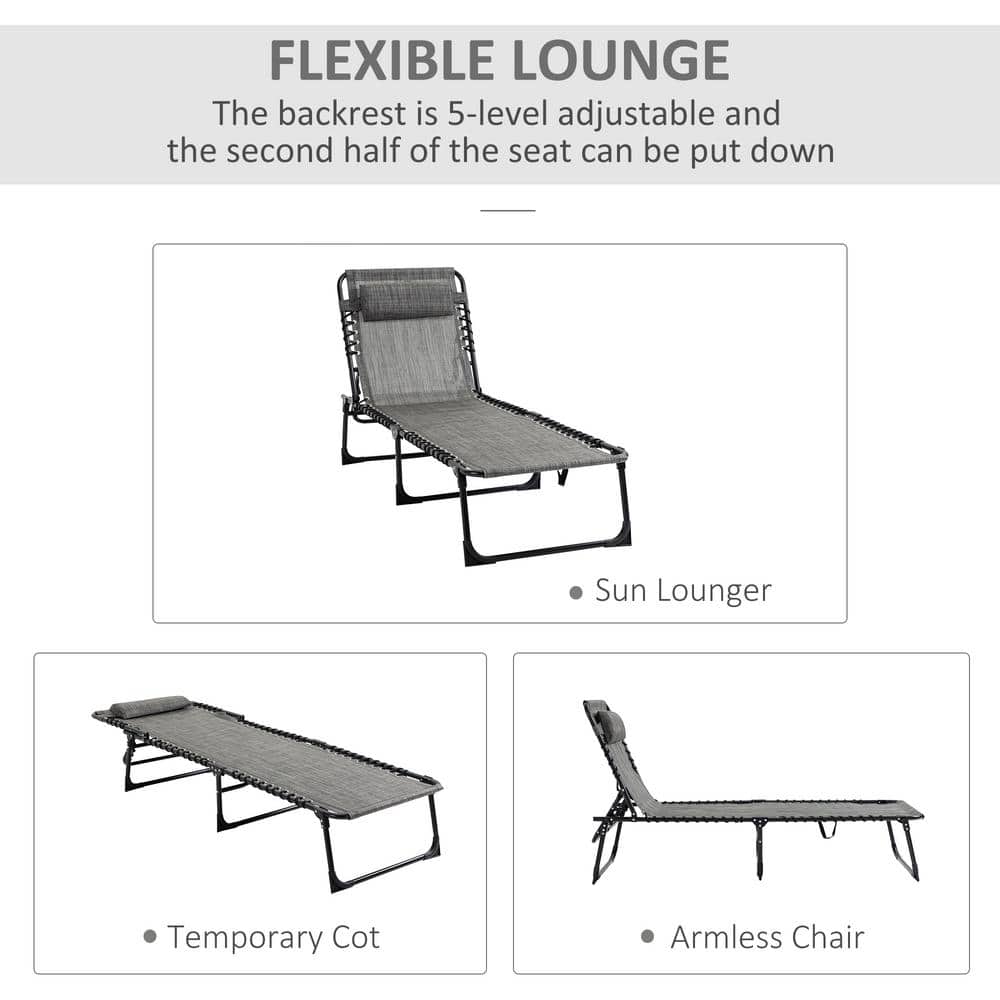 Gray Mesh Armless Folding Chaise Lounge Chair with Pillow