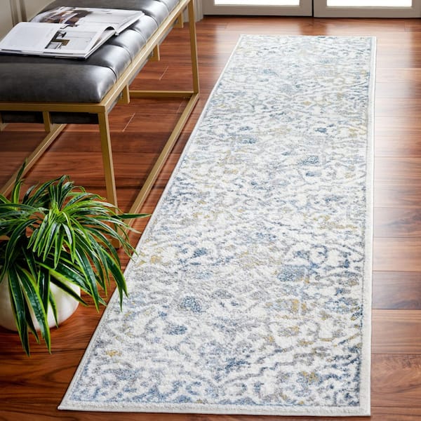 Layla 2 ft. x 9 ft. Ivory Gray/Blue Distressed Ornate Runner Rug
