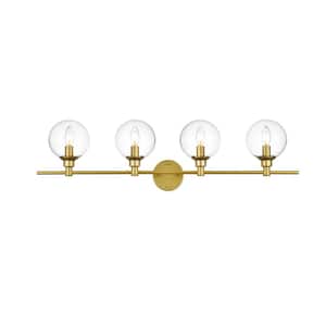 Simply Living 38 in. 4-Light Modern Brass Vanity Light with Clear Round Shade
