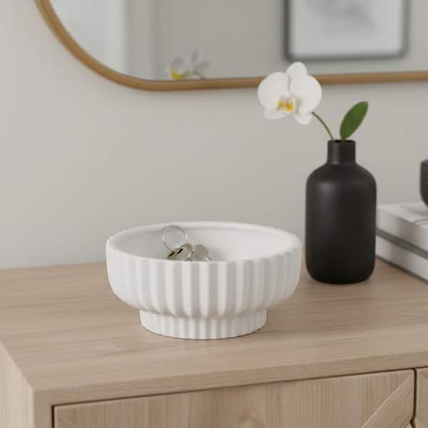 White 12 in. Ceramic Decorative Ridged Pedestal Bowl