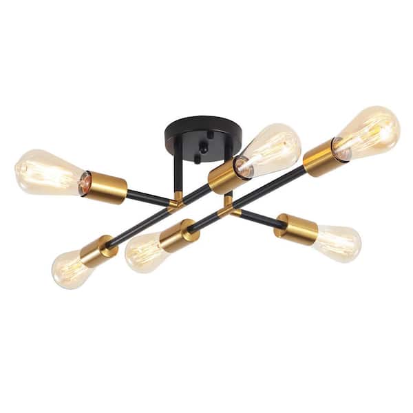 20.47 in. 6-Light Black Gold Modern Linear Semi-Flush Mount with No Bulbs Included