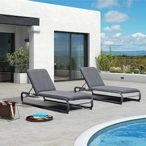 Chaise Lounge Gray 2 pieces Metal Outdoor Recliner w/Slide-Out Side Table with Cushion Adjustable Backrest