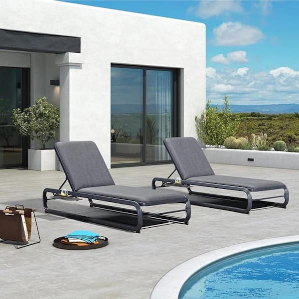PURPLE LEAF Chaise Lounge Gray 2 pieces Metal Outdoor Recliner w/Slide-Out Side Table with Cushion Adjustable Backrest
