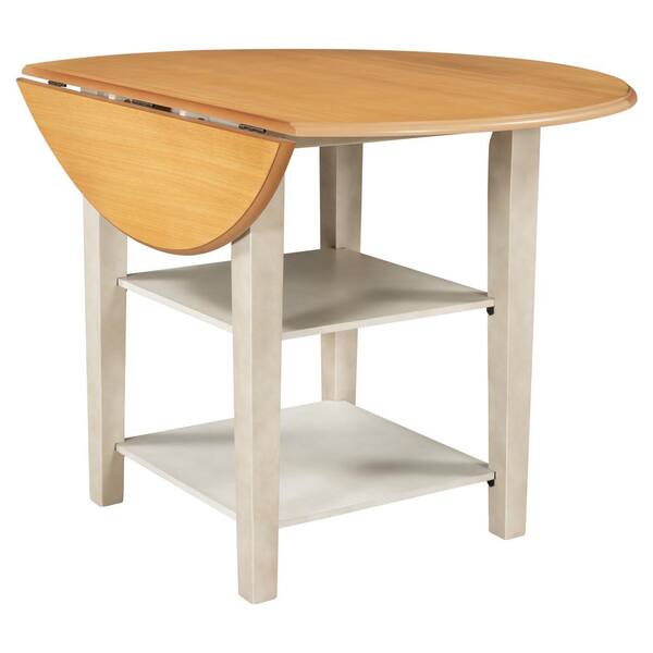 Donason 42.20 in. Round Natural Wood Top with Drop Leaf and 2-Tier ...