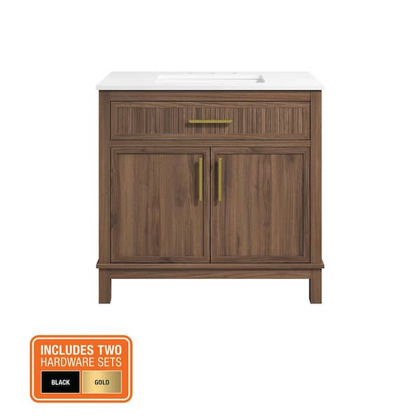 Riley 36 in. Single Sink Spiced Walnut Bath Vanity with White Engineered Stone Top (Assembled)