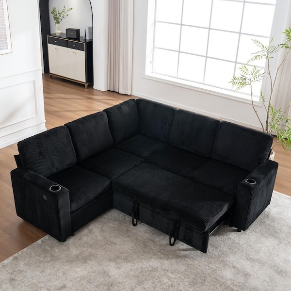 Eldric 83.6 in. Corduroy Modular Convertible Sectional Sofa Bed in. Black with Storage, Cup Holders, USB Ports