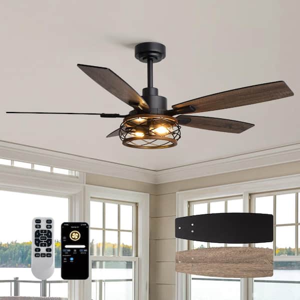 52 in. Black Wood Grain Cage Ceiling Fan with Light, Remote and APP Control, 6 Speed Reversible DC Motor