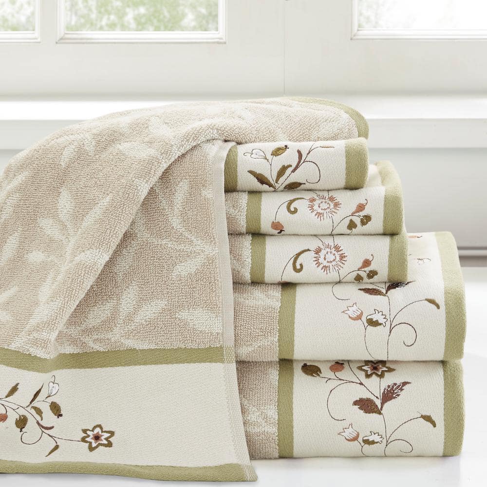 Green Embroidered Cotton Jacquard 6-Piece Towel Set
