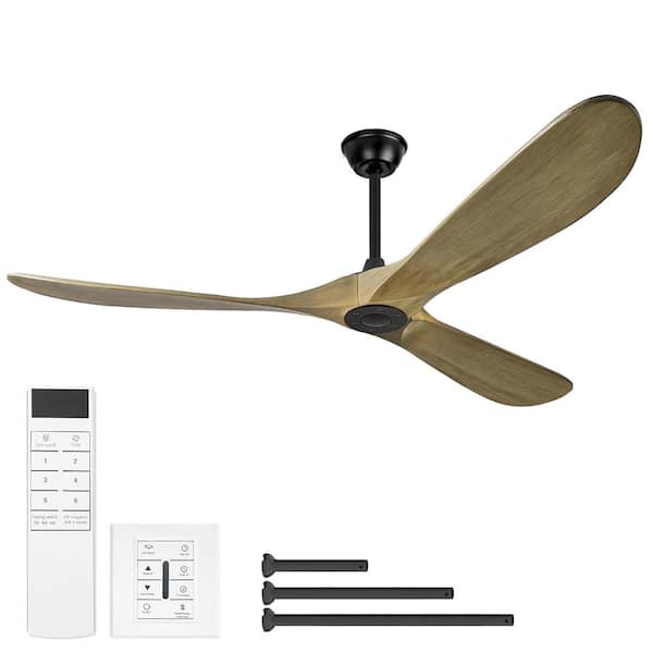 52 in. Black Standard Metal Housing Deep Brown Solid Wood Ceiling Fan Without Lights, Downrod Mount, Remote Control