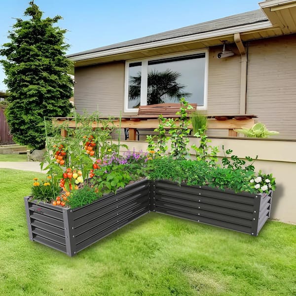 Cesicia 74 in. x 74 in. x 18 in. Grey L-Shaped Anti-Rust Galvanized Metal Raised Garden Bed for Planting Vegetables Flowers