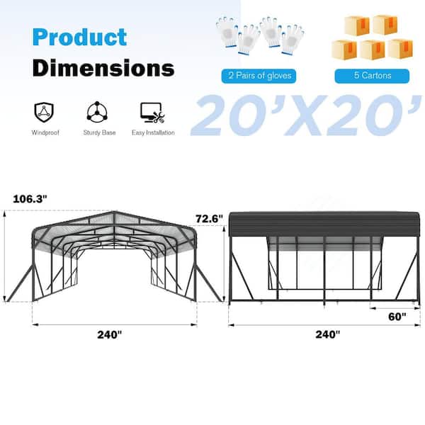 20 ft. W x 20 ft. D Metal Carport, Car Canopy and Shelter