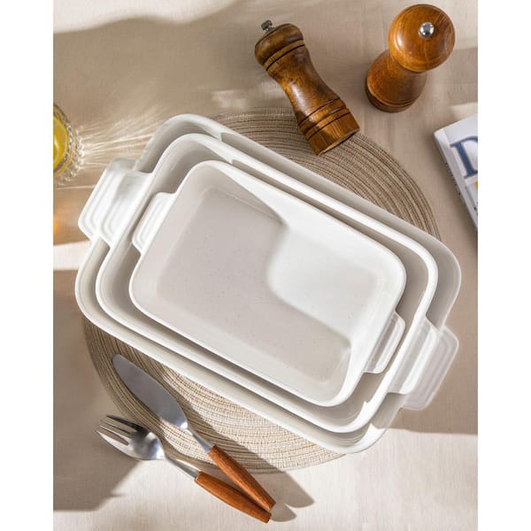 3-Piece Khaki White Casserole Carrier Set, Rectangular Lasagna Pan Deep with Handles for Baking, Easy to Clean