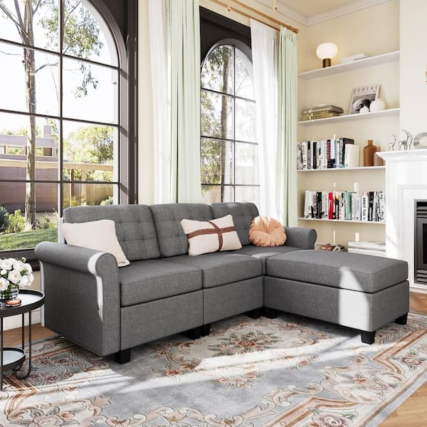 78.6 in. Modern L Shaped Linen Sectional Sofa in Gray with 1-Ottoman