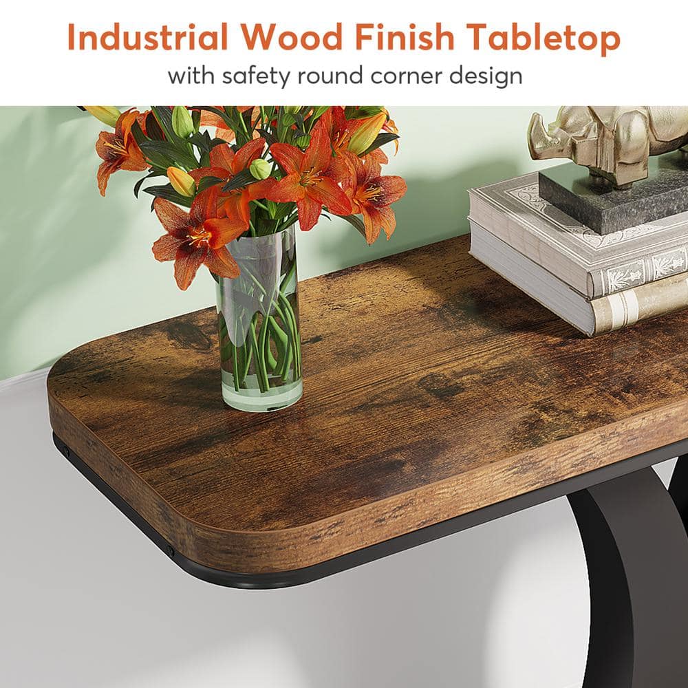 Rustic Brown and Black 40" Console Table with Geometric Metal Base