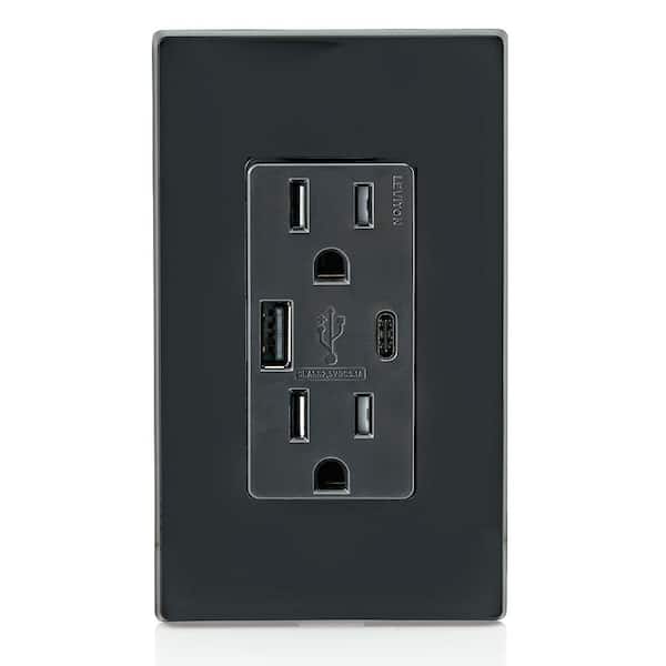 Black, 15 Amp Decora Type A and C USB Charger Tamper-Resistant Outlet T5633-BE