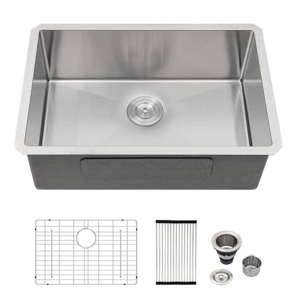 30 in. Undermount Sink 16-Gauge Brushed Stainless Steel Single Bowl Kitchen Sink with Drain Assembly