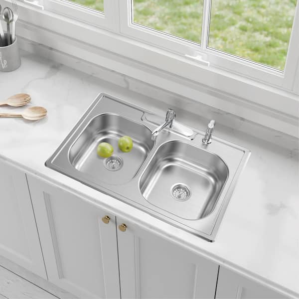 33 in. Drop-In 50/50 Double Bowl 20 Gauge Stainless Steel Kitchen Sink with Faucet and Sprayer