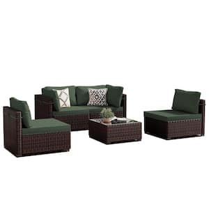 5-Piece Wicker Patio Conversation Seating Set with Pine Green Cushions and Coffee Table