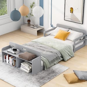 Gray Wood Frame Twin Size Floor Bed with Storage Case and Guardrail