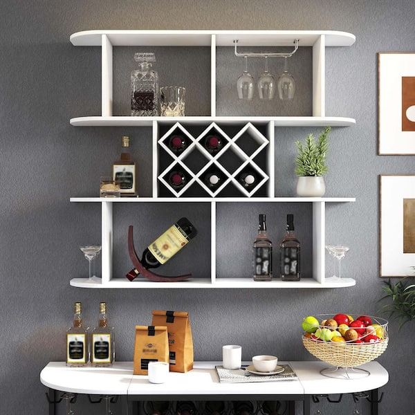 Unbranded 6-Bottle White Wood Wall Mounted Wine Rack with Wine Glass  Holder, Multifunctional Floating Shelves, 3-Tier Wine Rack W331P277923YF