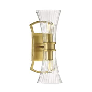 Bennington 6.25 in. W x 15 in H 2-Light Warm Brass Wall Sconce with Fluted Clear Ribbed Glass Shades