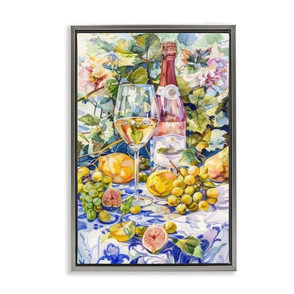 Stupell Industries Grape Vines Wine Glass by LSR Design Studio Gray Floater Frame Food Graphic Art Print 25 in. x 17 in.