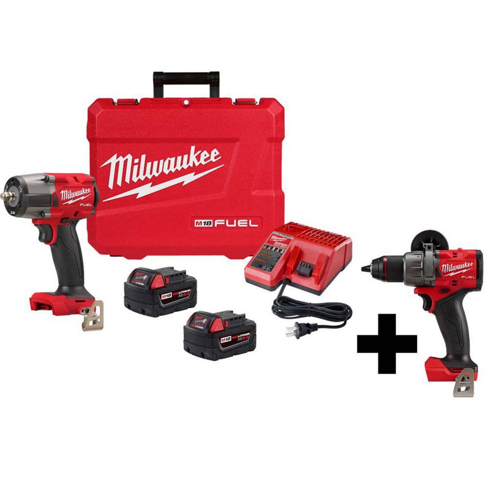 Milwaukee M18 FUEL GEN-2 18V Lithium-Ion Mid Torque Brushless Cordless 3/8 in. Impact Wrench FR Kit with 1/2 in. FUEL Hammer Drill -  2960-22-29