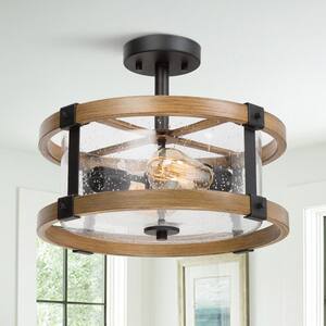 Drum Semi Flush Mount 2-Light Black Modern Bedroom Ceiling Lighting with Round Seedy Glass and Wood Grain Finish