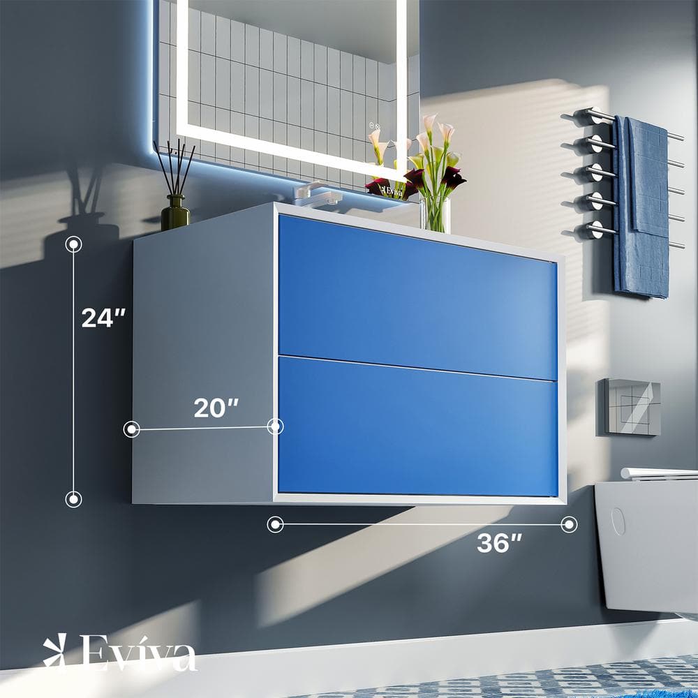 Vienna 36" Blue and White Wall-Mount Bathroom Vanity with Integrated Acrylic Top