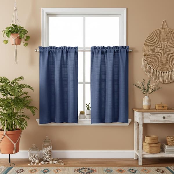 Blue Faux Linen Solid Color 30 in. W x 36 in. L Soft Light