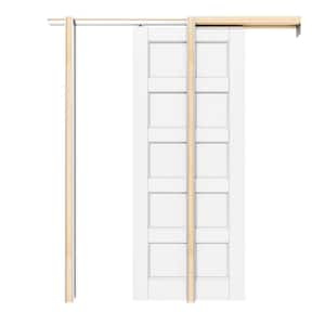 30 in. x 80 in. Paneled 5-Lite White Primed MDF Pocket Sliding Door with Pocket Door Hardware Kit (Soft Close Included)